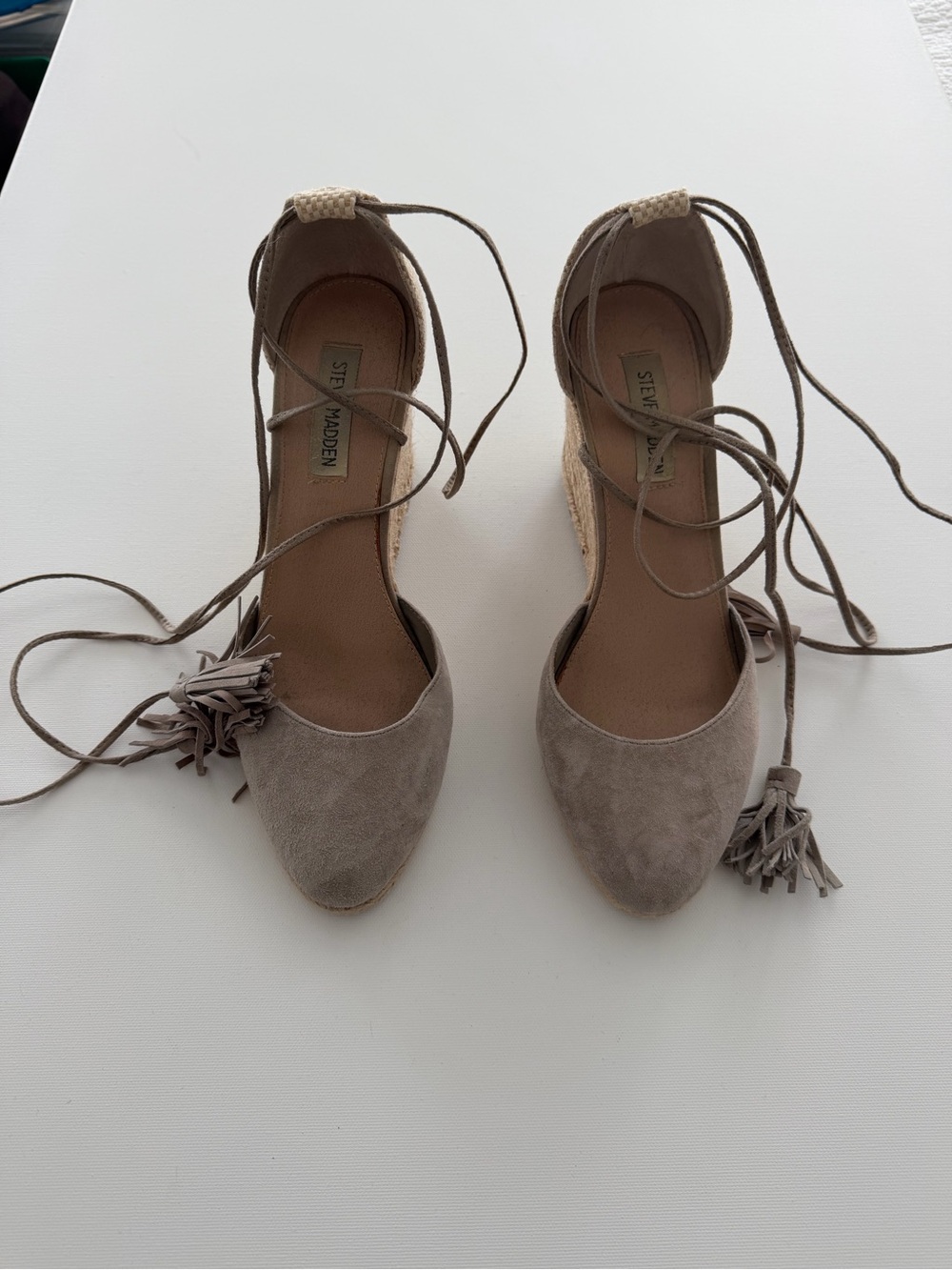 Steve Madden Bestow Light gray Espadrille Wedge Sandals with Ankle Tassel Tie - Picture 2 of 4